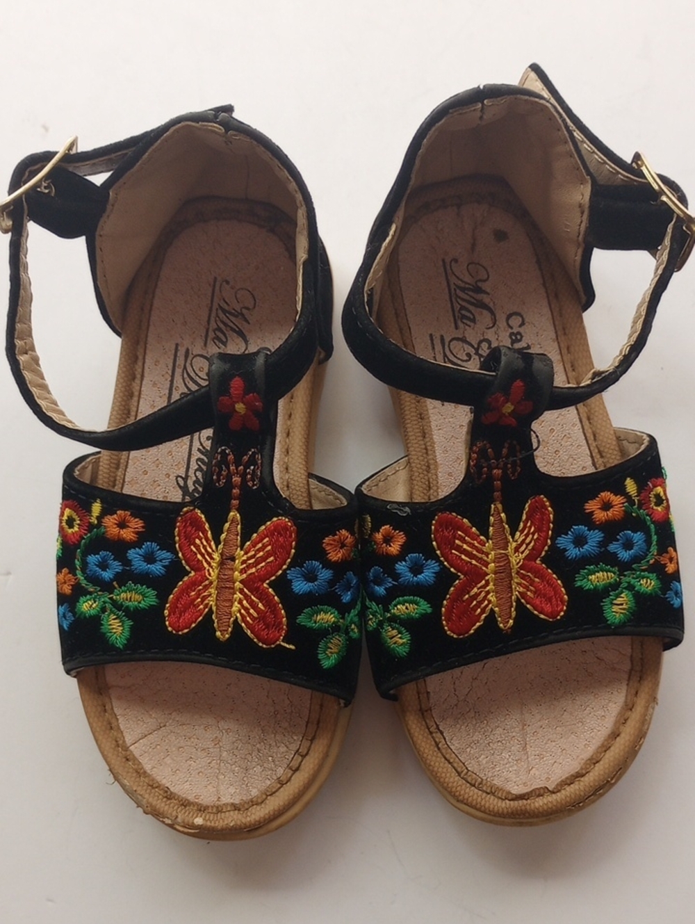 Made In Mexico Black Velvet Toddler Girl Embroidered Butterfly Flower Sandals 7